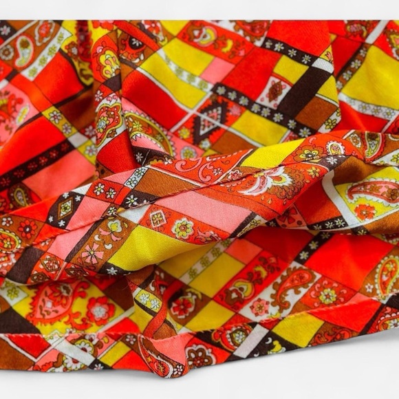 Vintage Retro 60s 70’s Polyester Paisley Orange Yellow Pink Brown A-Line Skirt - Picture 5 of 8